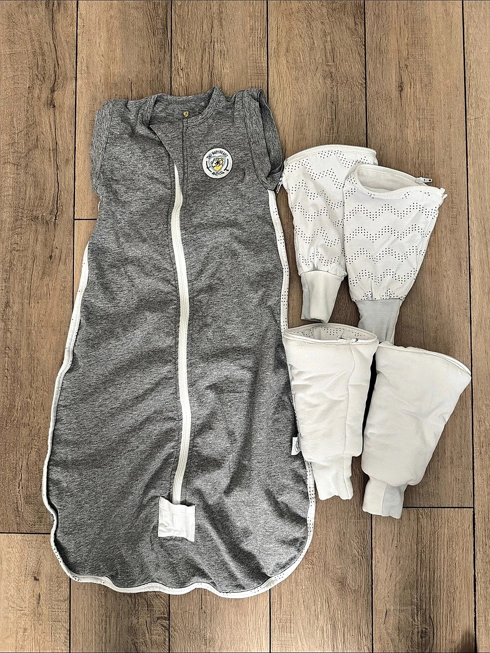 Two Baby Bears and Co. Swaddle Sleeves Sack. Gray & White Baby Small